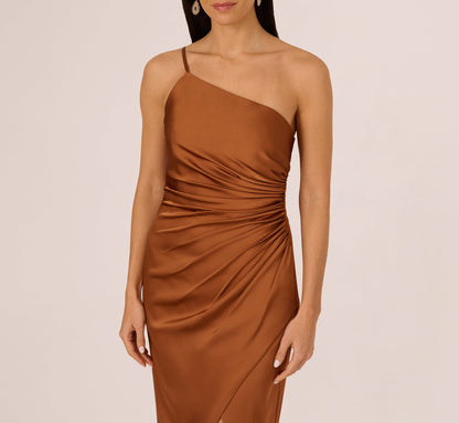 One Shoulder Ruched Satin Gown - Cinnamon | Adrianna Papell