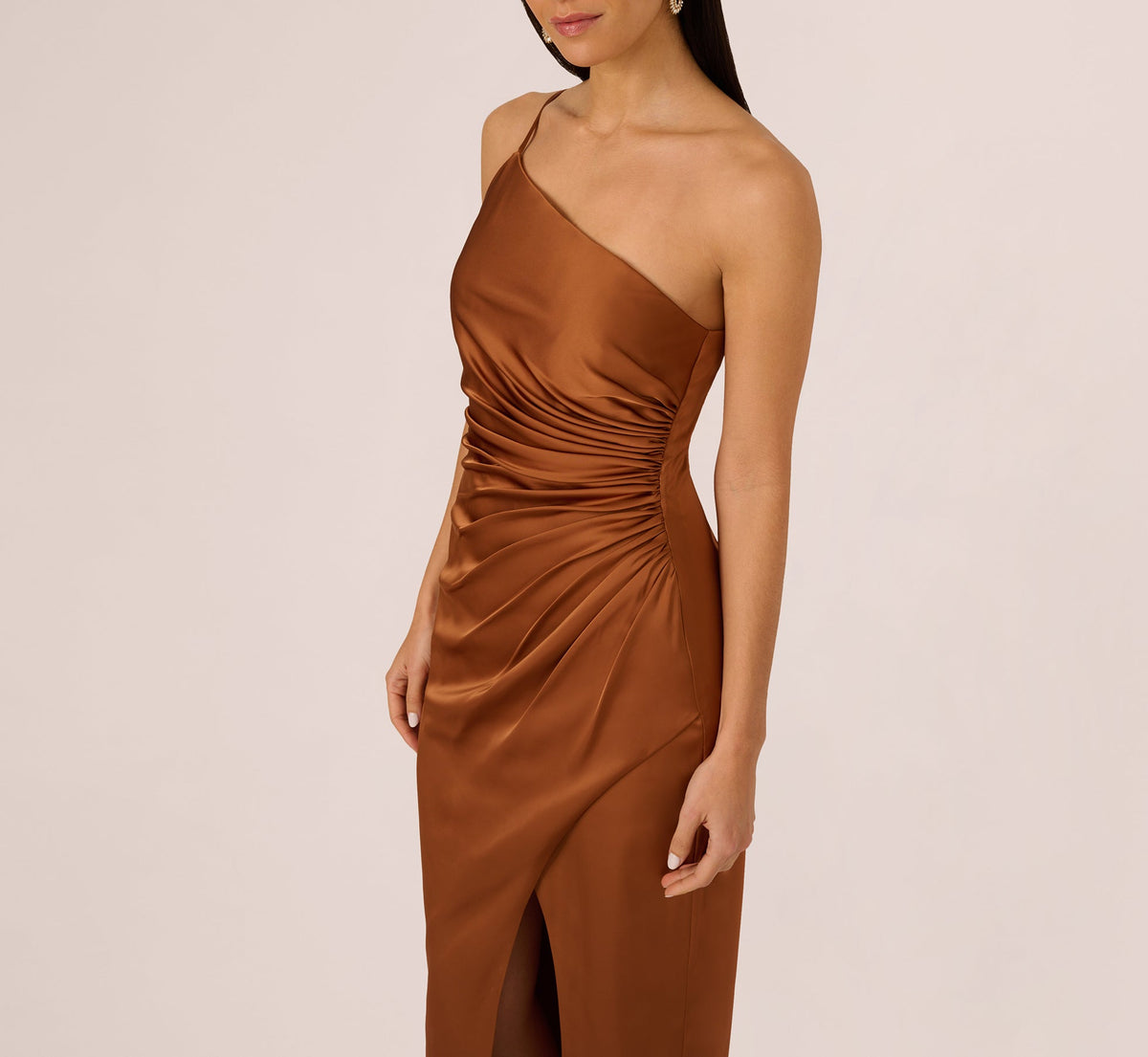 One Shoulder Ruched Satin Gown - Cinnamon | Adrianna Papell