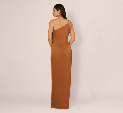 One Shoulder Ruched Satin Gown - Cinnamon | Adrianna Papell